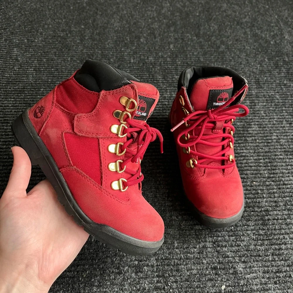 Timberland Field Boots Boys 1 Red Nubuck Mesh Mid Top Hiking A2JKR Gold Hardware